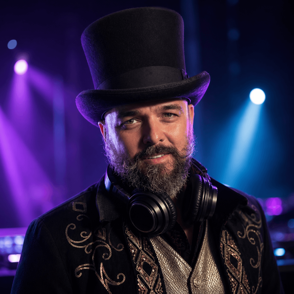 MixMaster Jack portrait in top hat and headphones